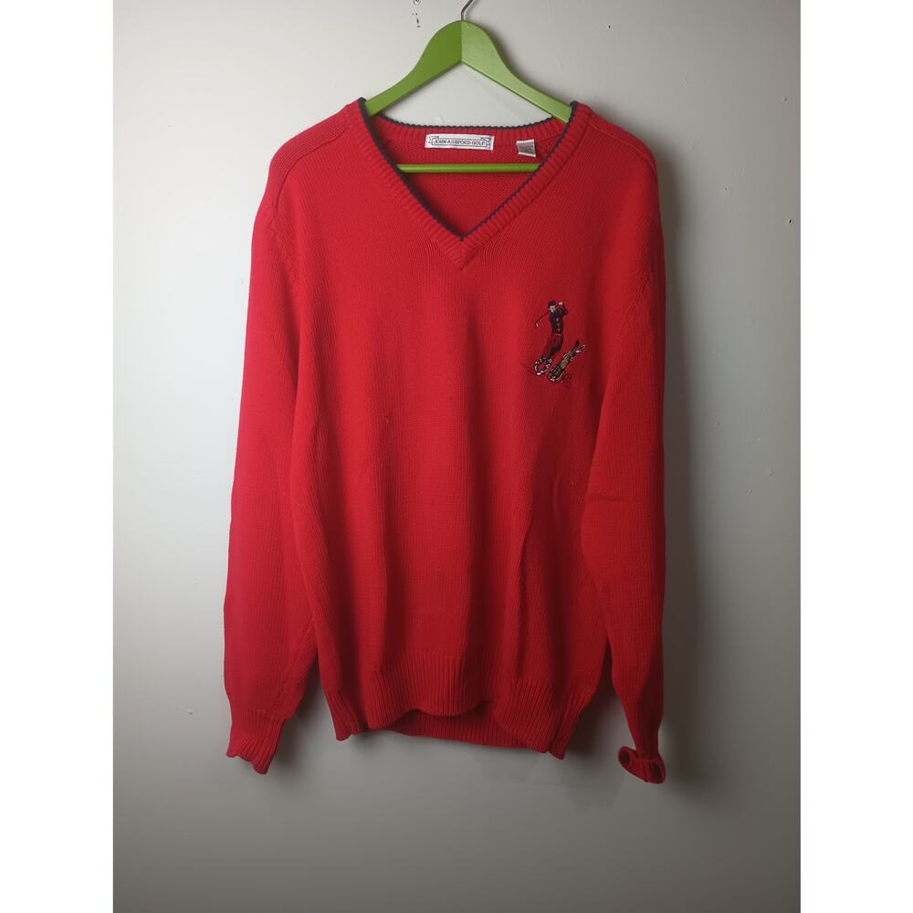 Vtg John Ashford Golf Red Knit Sweater Embroidered Golf Print Men's XL Cotton